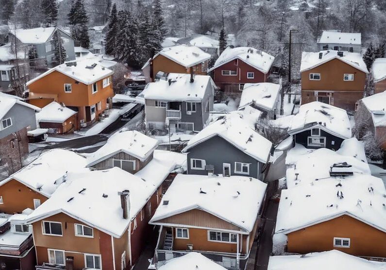 A bunch of houses that are covered in snow